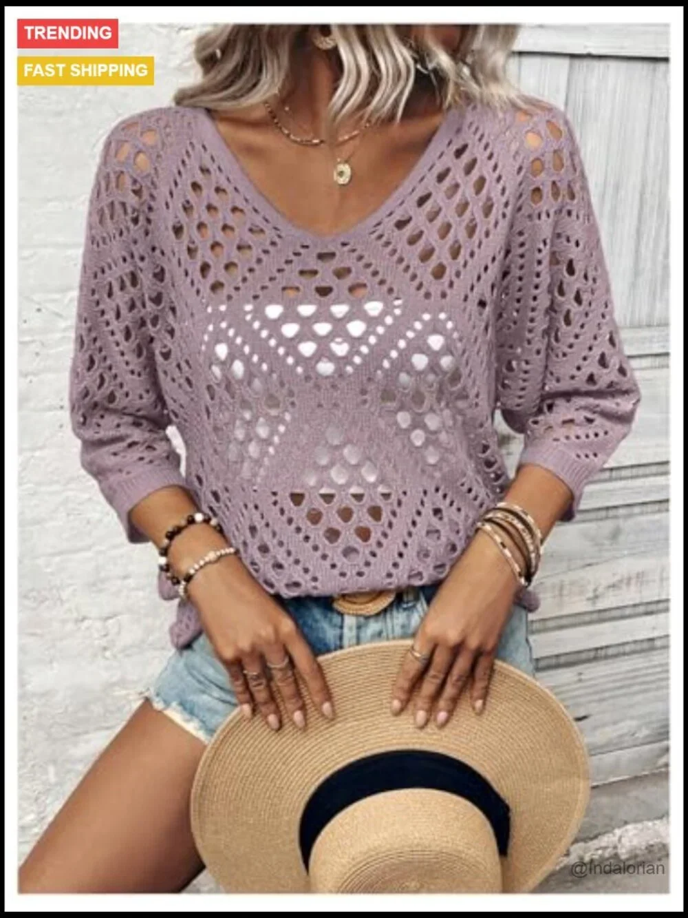 Crochet Beach Sweater Cover Up 3/4 Sleeve Boho Off Shoulder Summer Knit Top